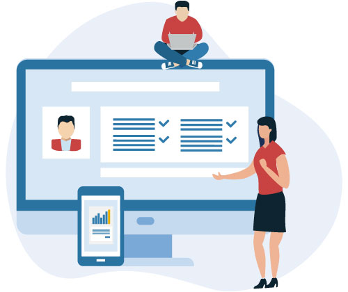 Überzeugende Inhalte für Ihre Zielgruppe – nachhaltiger Erfolg durch Content Marketing Illustration mit Bildschirm, Checklisten und mobilen Geräten als Symbol für Content-Strategien