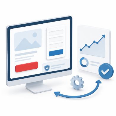 Conversion-Erfolge messen und Website gezielt weiterentwickeln Stilisierte Website mit Conversion-Auswertung, steigender Entwicklungskurve und Optimierungsschleife