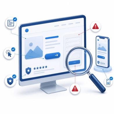 Analyse von Conversion-Hürden auf einer Website Stilisierte Website mit Lupe und markierten Prüfpunkten zur Analyse von Conversion-Hürden