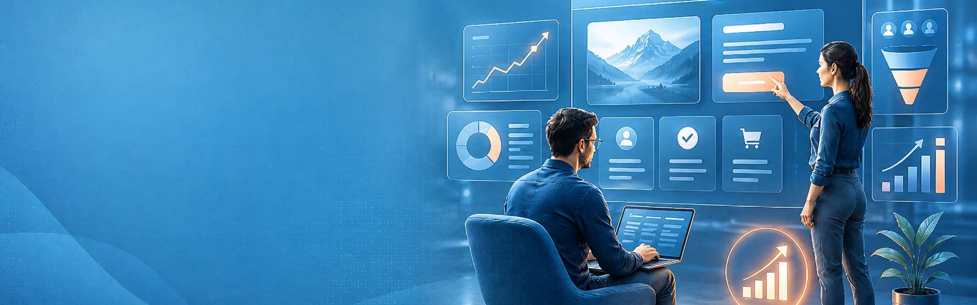 Zwei Personen analysieren eine Website-Oberfläche mit Diagrammen und Call-to-Action-Elementen für conversion-optimiertes Webdesign