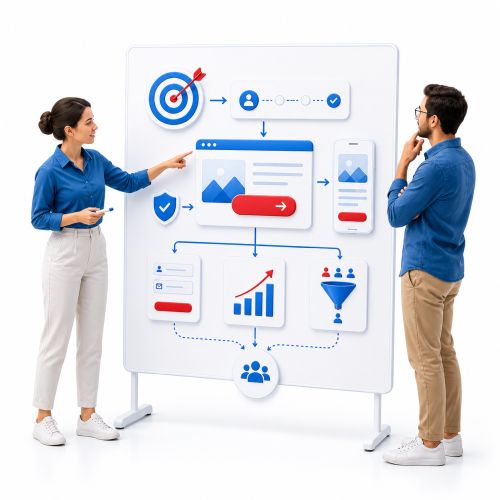 Frau erklärt einem Mann an einer Tafel mit Symbolen und Diagrammen die Grundlagen von conversion-optimiertem Webdesign