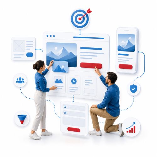 Zwei Personen planen eine Website-Struktur mit Zielscheibe, Kontaktformular und roten Call-to-Action-Buttons für mehr Anfragen