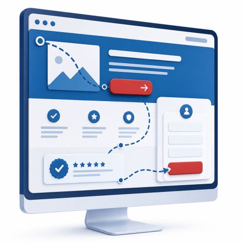 Conversion-optimiertes Webdesign mit klarer Nutzerführung Stilisierte Website mit klarer Nutzerführung, Vertrauenselementen und Kontaktformular als Symbol für conversion-optimiertes Webdesign