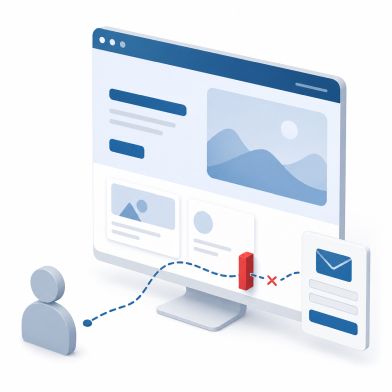 Conversion-Hürden durch unklare Nutzerführung auf Websites Stilisierte Website mit unterbrochenem Nutzerweg zum Kontaktformular als Symbol für Conversion-Hürden