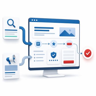 Conversion-optimierte Landingpage für SEO und Google Ads Stilisierte Darstellung von SEO und Google Ads, die Besucher auf eine conversion-optimierte Landingpage mit Kontaktformular führen