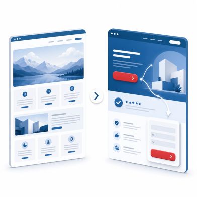 Vergleich von klassischem und conversion-optimiertem Webdesign Zwei stilisierte Website-Ansichten im Vergleich: klassisches Webdesign und conversion-optimiertes Webdesign mit klarer Nutzerführung und Kontaktformular