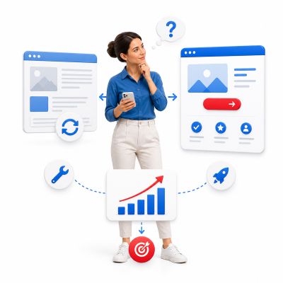 Frau mit Smartphone überlegt zwischen Website-Optimierung und Neuerstellung einer conversion-optimierten Website, dargestellt mit Symbolen für Analyse und Wachstum