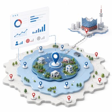 Google Ads für Buchholz und den Landkreis Harburg gezielt nach Region, Nachfrage und Budget ausrichten Illustration zur regionalen Ausrichtung von Google-Ads-Kampagnen für Buchholz, den Landkreis Harburg und das Hamburger Umland mit Zielgebieten und Budgetsteuerung