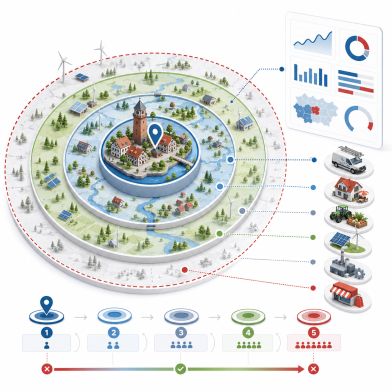 Illustration zur regionalen Ausrichtung von Google-Ads-Kampagnen für Dannenberg, Elbtalaue, Lüchow und das Wendland mit gestaffelten Zielgebieten und Budgetsteuerung