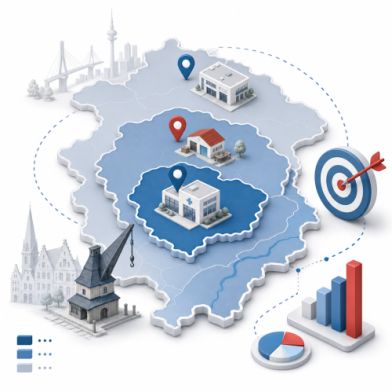 Illustration zur regionalen Ausrichtung von Google-Ads-Kampagnen in Lüneburg mit Stadtgebiet, Umland und erweitertem Einzugsgebiet