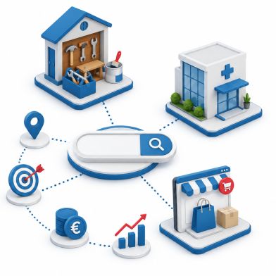 Google Ads für Unternehmen, Dienstleister, Handwerk und Onlineshops Illustration verschiedener Unternehmen, die über Google Ads gezielt potenzielle Kunden erreichen