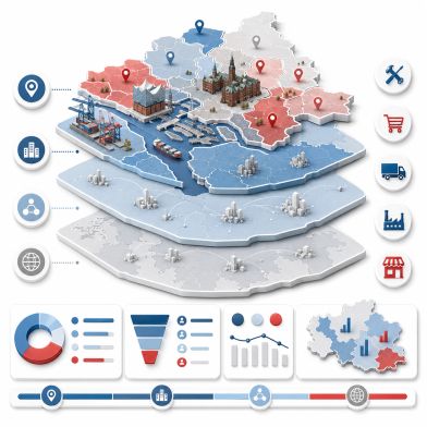 Illustration zur Steuerung von Google-Ads-Kampagnen nach Hamburger Bezirken, Stadtgebiet, Metropolregion und überregionalen Zielmärkten