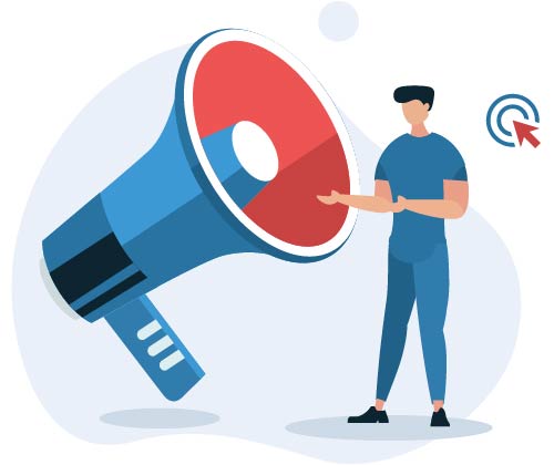 Sofortige Sichtbarkeit mit Google Ads Illustration mit Person und Megafon als Symbol für Google Ads Werbeanzeigen