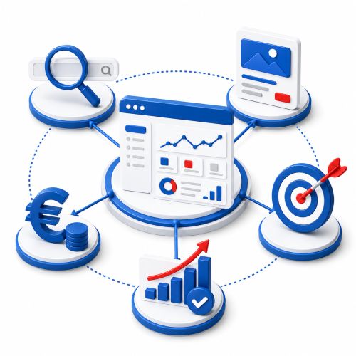 Professionelle Steuerung und Optimierung von Google-Ads-Kampagnen Illustration zur Steuerung und Optimierung von Google-Ads-Kampagnen mit Suchanfragen, Budget, Zielgruppen und Auswertung