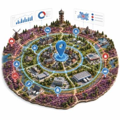 Illustration zur regionalen Ausrichtung von Google-Ads-Kampagnen für Soltau, den Heidekreis und die Lüneburger Heide mit Zielgebieten, Branchen und Budgetsteuerung