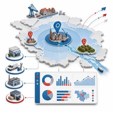 Google Ads für Stade, den Landkreis und den Elbe-Weser-Raum gezielt ausrichten Illustration zur regionalen Ausrichtung von Google-Ads-Kampagnen für Stade, den Landkreis und den Elbe-Weser-Raum mit Zielgebieten und Budgetsteuerung