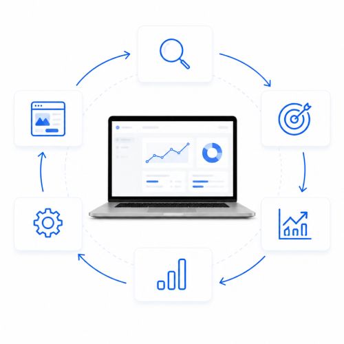 Google Ads Strategie als Zusammenspiel aus Kampagnen, Tracking und Optimierung Abstrakte Darstellung einer Google-Ads-Strategie mit Dashboard, Zielgruppen, Kampagnen, Auswertung, Optimierung und Zielseiten.