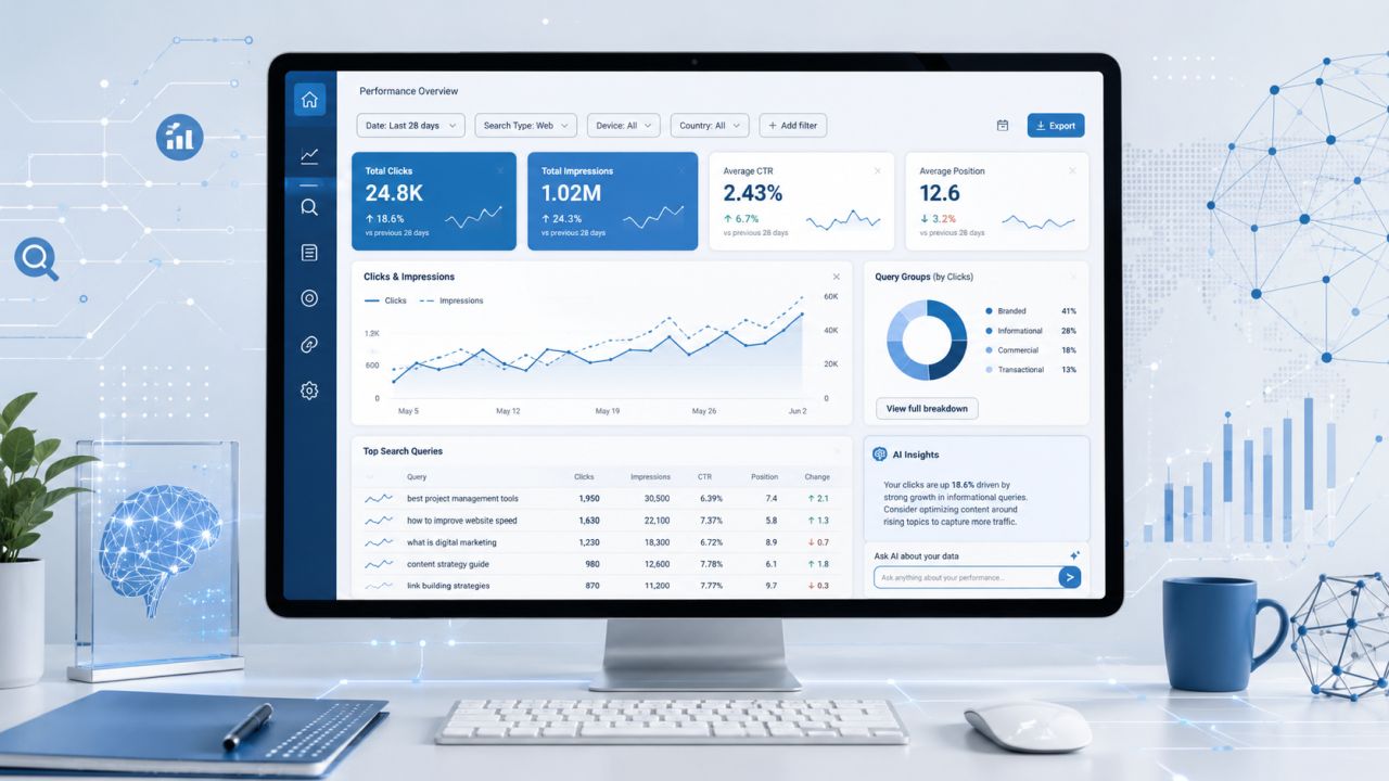 KI-gestützte Auswertung in der Google Search Console Illustration eines SEO-Dashboards mit Klicks, Impressionen und KI-gestützter Texteingabe
