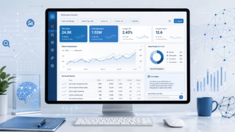 Illustration eines SEO-Dashboards mit Klicks, Impressionen und KI-gestützter Texteingabe