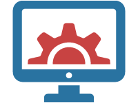 Symbol eines roten Monitors mit blauem halbierten Zahnrad zur Darstellung eines Content-Management-Systems