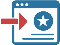 Icon mit einem blauen Pfeil nach rechts der in ein Browserfenster in rot mit einem Warenkorb in blau zeigt als Darstellung für eine Landinpage