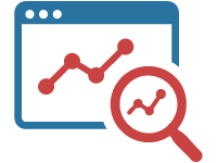 Icon für Webanalyse und Tracking mit stilisierter Browsergrafik in rot, einer blauen Linie mit Datenpunkten und einer Lupe in blau