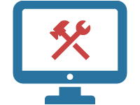 Icon für Wartung und Support von Webseiten mit Desktop-Symbol in rot ergänzt durch ein blaues Symbol mit Hammer und Schraubenschlüssel