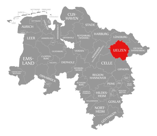 Landkreiskarte Niedersachsen mit Landkreis Uelzen rot markiert