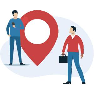 Illustration mit zwei Personen links und rechts neben einem roten Symbol für lokale SEO