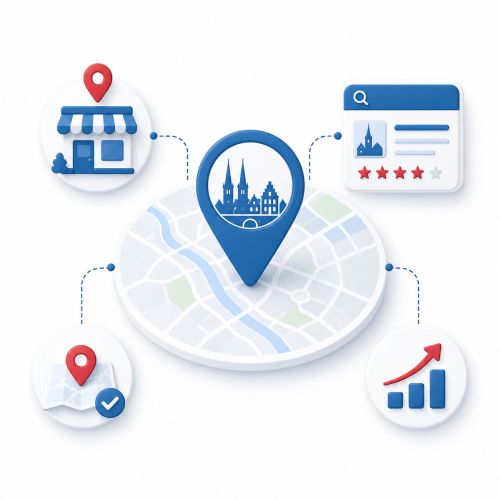 Warum lokale SEO in Lüneburg wichtig ist Illustration zur lokalen SEO in Lüneburg mit Karte, Standortmarker, Unternehmenseintrag und steigender Sichtbarkeit in den lokalen Suchergebnissen.