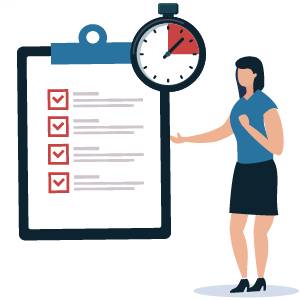 Illustration einer Marketing-Roadmap: Frau zeigt auf eine Checkliste mit Häkchen, daneben eine Stoppuhr als Symbol für Zeitplanung und Meilensteine.