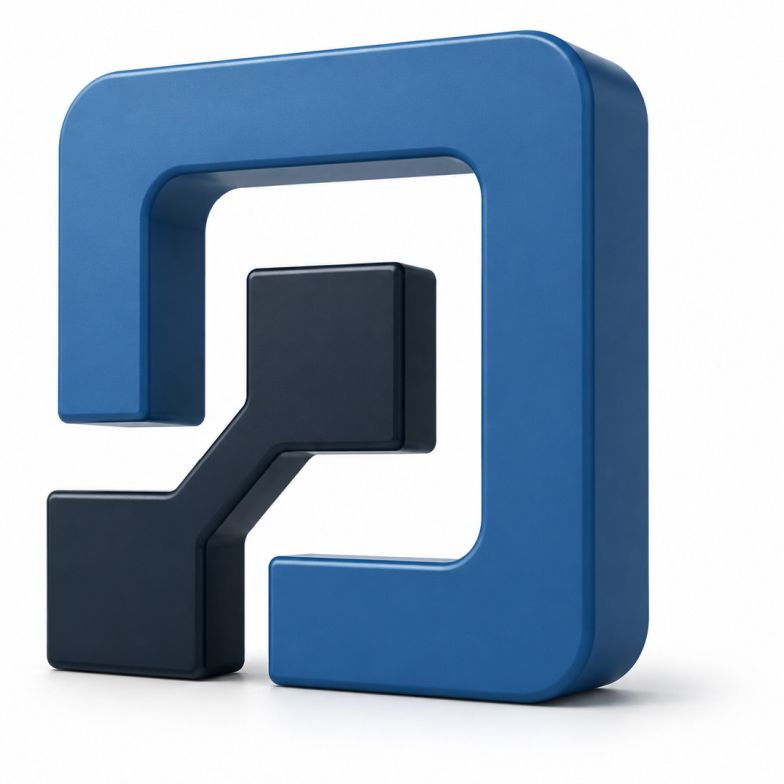 Dreidimensionales MediaEffekt Logo-Icon in Blau mit Schatten auf weißem Hintergrund