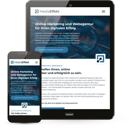 Smartphone und Tablet nebeneinander auf denen die MediaEffekt-Webseite zu sehen ist
