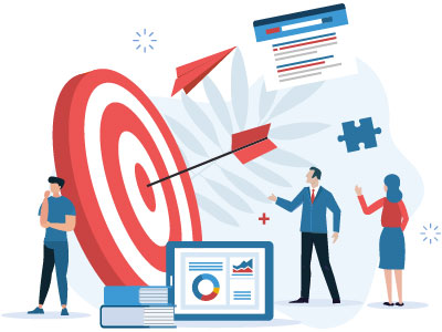 Erfolgreiches Online-Marketing: Zielgruppenansprache mit Strategie, Analyse und Teamarbeit visualisiert durch Zielscheibe und Business-Team