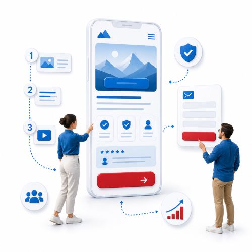 Illustration eines Smartphones mit klarer Nutzerführung, Vertrauenselementen und Call-to-Action für mehr Anfragen auf einer conversion-optimierten Website