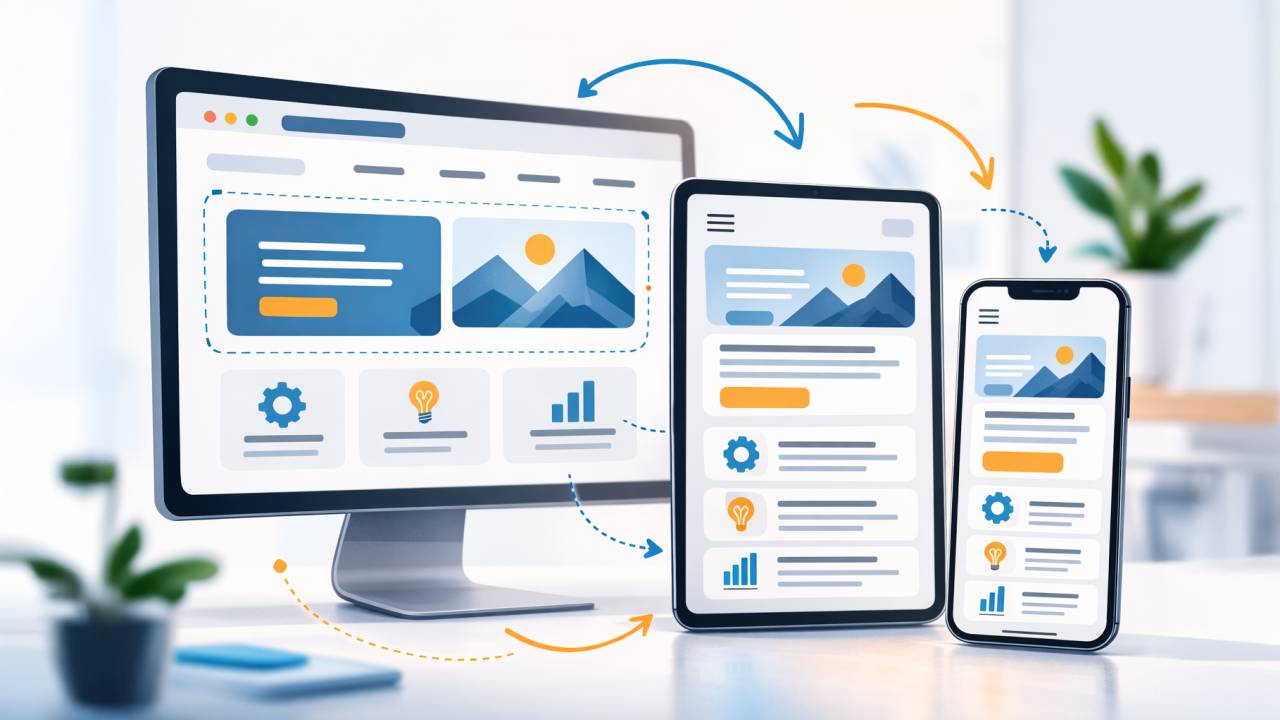 Illustration zur Funktionsweise von responsive Webdesign mit angepasstem Layout auf Monitor, Tablet und Smartphone für verschiedene Bildschirmgrößen
