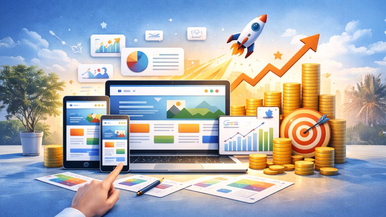 Illustration zu responsive Webdesign und SEO mit steigenden Diagrammen, mehreren Endgeräten und Symbolen für Traffic- und Umsatzwachstum