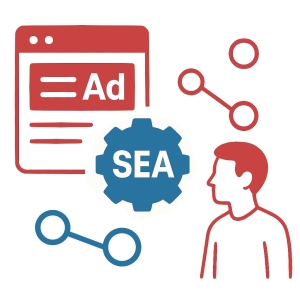 Illustration eines Mannes vor einem Zahnrad mit dem Text SEA und einer Tafel mit verschiedenen Icons aus dem Bereich Branchenvielfalt und SEA