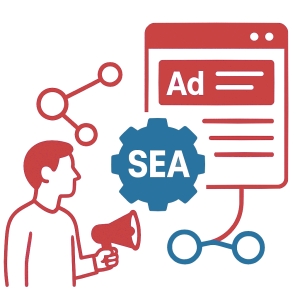 Illustration eines Mannes mit einem Lautsprecher in der Hand vor einem Zahnrad mit dem Text SEA und einer Tafel mit verschiedenen Icons aus dem Bereich Customer Journey