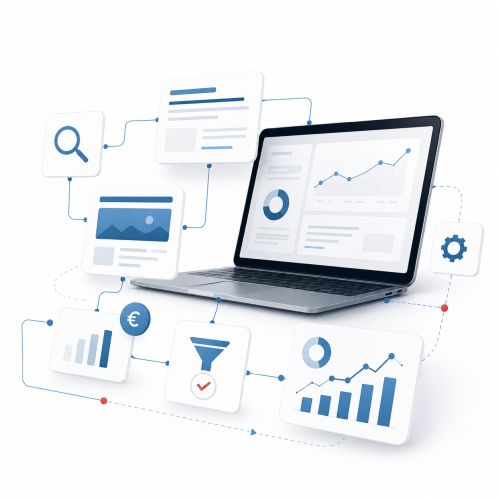 SEA-Strategie als Zusammenspiel aus Suchanfragen, Kampagnen und Auswertung Abstrakte Darstellung einer SEA-Strategie mit vernetzten Elementen für Suchanfragen, Anzeigen, Zielseiten, Budget, Conversion und Auswertung.