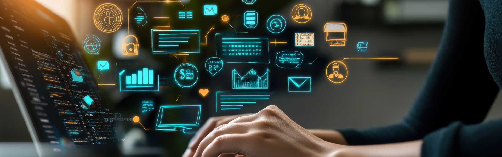 Hände an einem Laptop mit eingeblendeten Symbolen für Datenanalyse, SEO für Buchholz und Online-Marketing