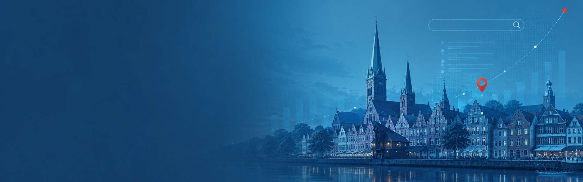 Breites Hero-Hintergrundbild mit stilisierter Lüneburger Stadtsilhouette und dezenten digitalen SEO-Elementen für lokale Sichtbarkeit und mehr Anfragen.