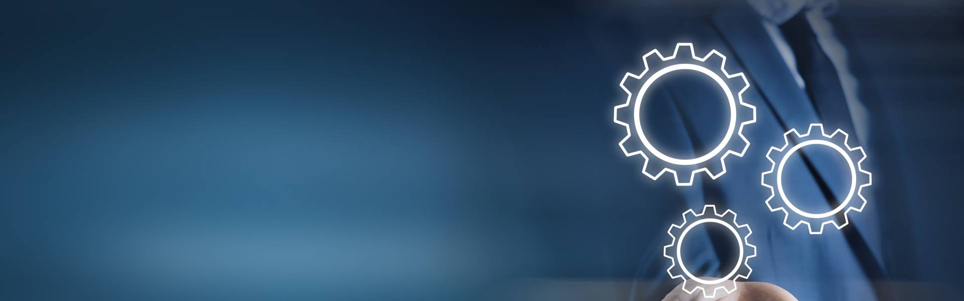 Headerbild der SEO Agentur Winsen (Luhe): Symbol für technische Suchmaschinenoptimierung mit leuchtenden Zahnrädern vor blauem Hintergrund.