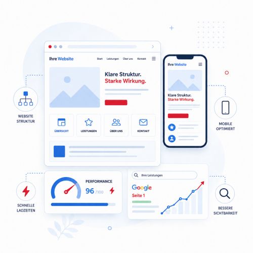 Illustration zum flexiblen Webdesign mit klarer Website-Struktur, mobiler Optimierung, schneller Performance und guter Sichtbarkeit bei Google.