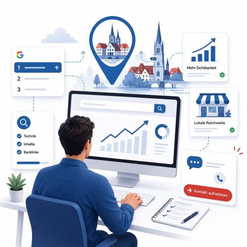 SEO für mehr Sichtbarkeit und Anfragen in Lüneburg Illustration zur Suchmaschinenoptimierung für Unternehmen in Lüneburg: Eine Person arbeitet an einem Computer mit SEO-Dashboard, lokaler Reichweite und steigender Sichtbarkeit bei Google