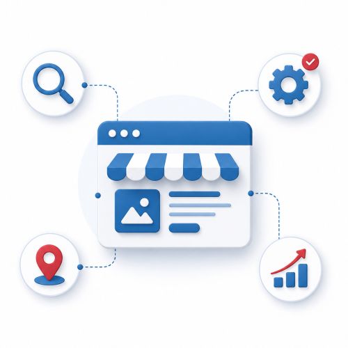 Individuelle SEO-Strategie für Unternehmen in Lüneburg Minimalistische Illustration einer individuellen SEO-Strategie mit Website, Suchsymbol, Technik, lokaler Sichtbarkeit und Wachstum.