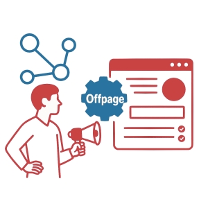 Illustration eines Mannes mit einem Lautsprecher in der Hand vor einem Zahnrad mit dem Text Offpage und einer Tafel mit verschiedenen Icons aus dem Bereich SEO Offpage-Optimierung