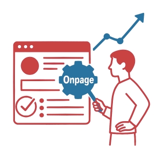 Illustration eines Mannes mit einem Zahnrand auf dem der Text Onpage steht in der Hand vor einer Tafel mit verschiedenen Icons aus dem Bereich SEO Onpage-Optimierung