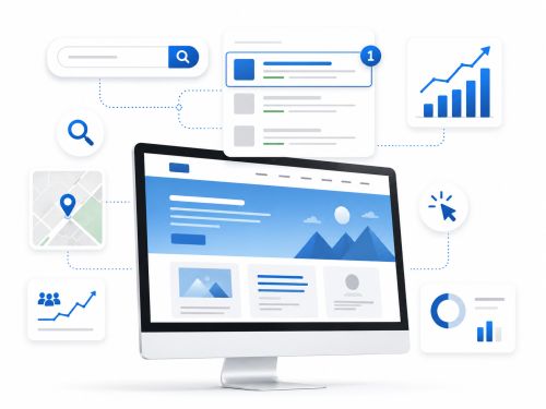 Mit SEO bei relevanten Suchanfragen besser sichtbar werden Illustration eines Monitors mit Website, Suchergebnissen, steigender Ranking-Entwicklung und Symbolen für lokales SEO und Website-Traffic.