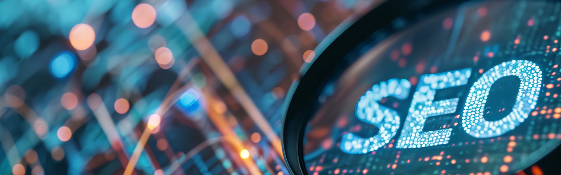 Digitale Darstellung des Begriffs SEO unter einer Lupe als Symbol für Suchmaschinenoptimierung